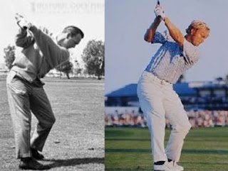 Arnold Palmer and Jack Nicklaus at top of backswing