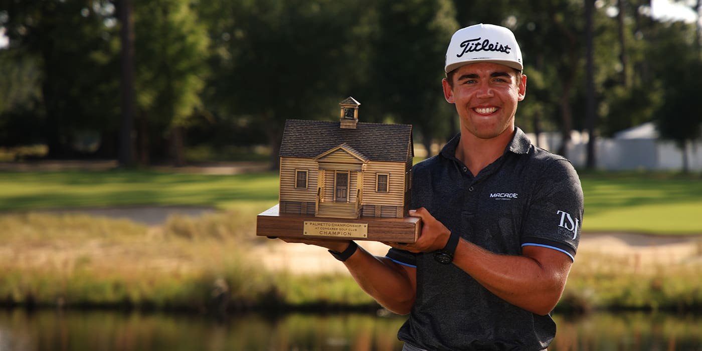 Garrick Higgo with the Palmetto Championship trophy