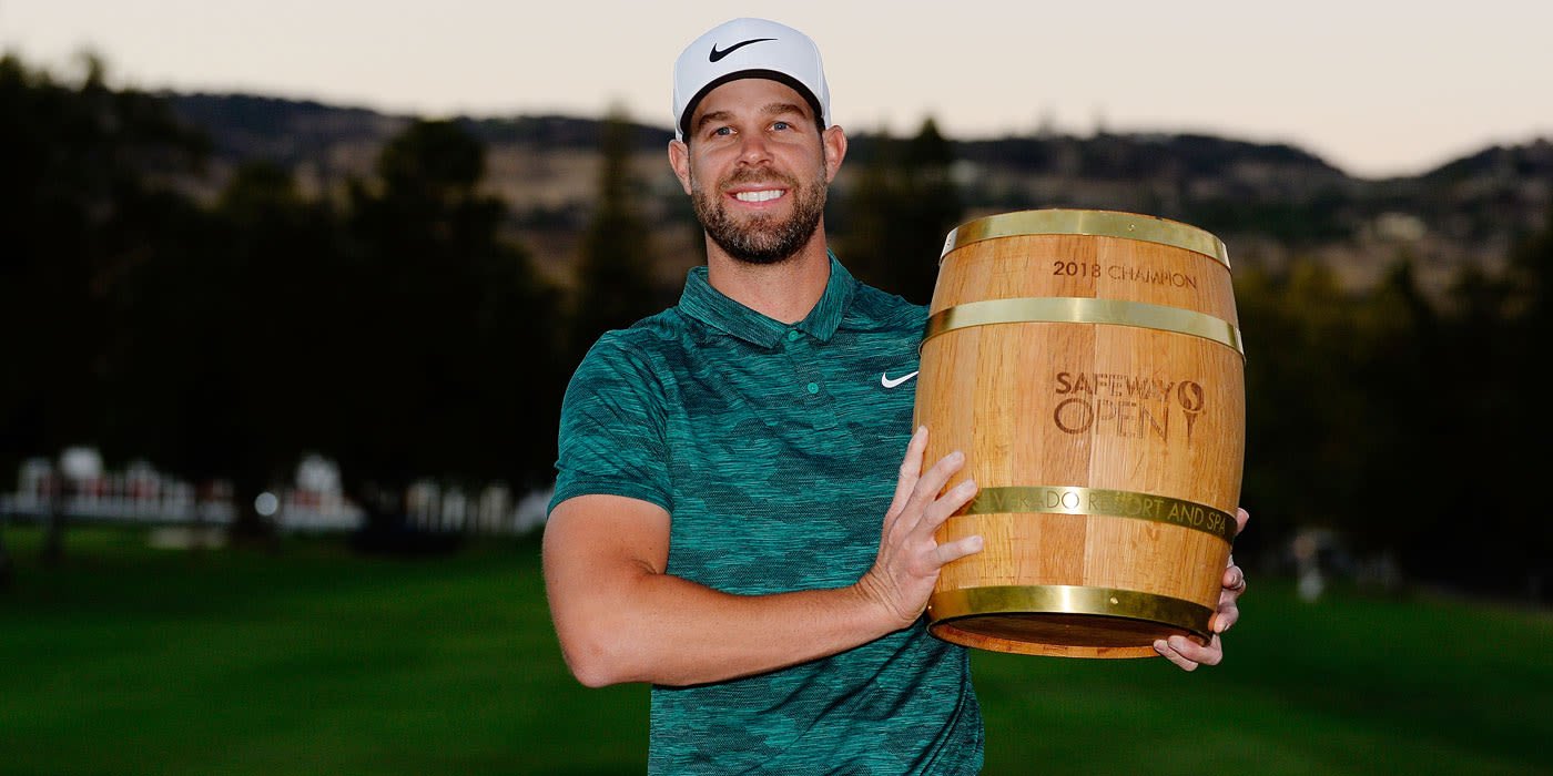 Kevin Tway with the Safeway Open keg trophy