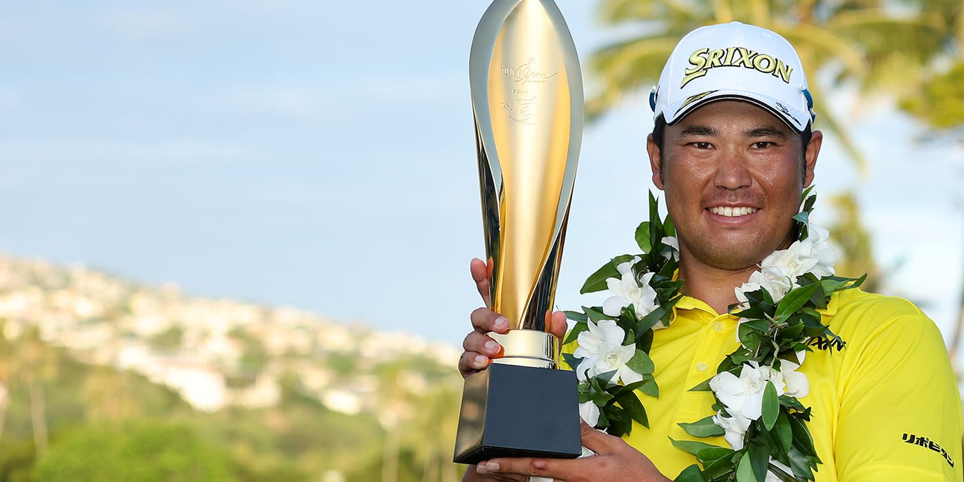 Hideki Matsuyama with Sony Open trophy