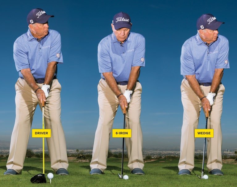 Butch showing ball position for three different clubs