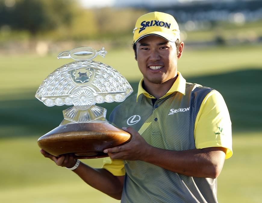 Hideki Matsuyama with Phoenix Open trophy
